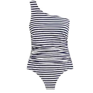 J. Crew Navy and White Striped One-Shoulder Swimsuit